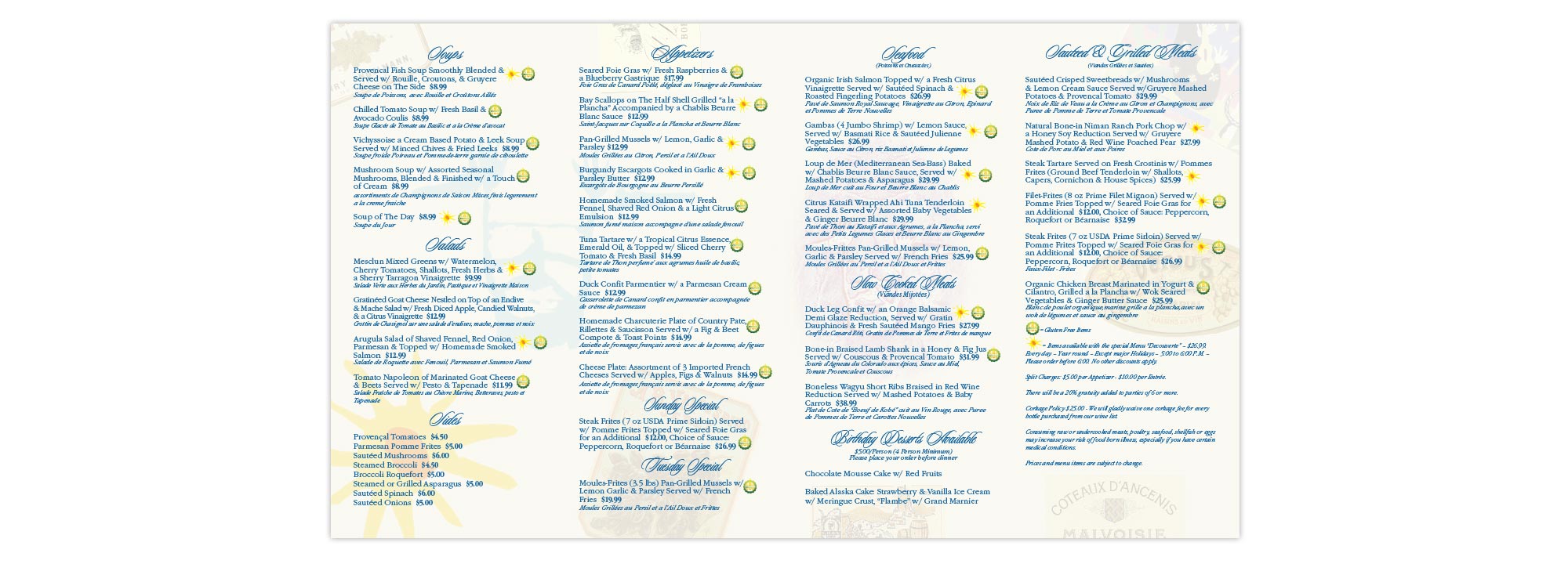 Bleu Provence Menu